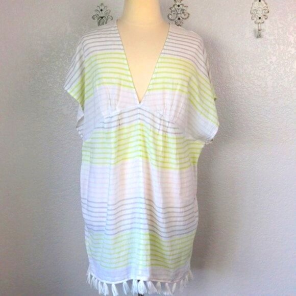 Old Navy XL Cover Up Stripe Tassel White Gray Green V-Neck Empire Tunic Dress - Picture 1 of 6